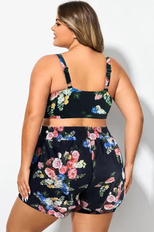 Floral Print Round Neck Wide Strap Bikini Top
