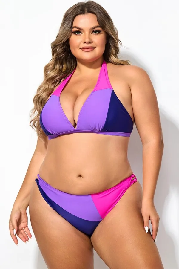 Plus Size Halter Colorblock Sexy Bikini Top