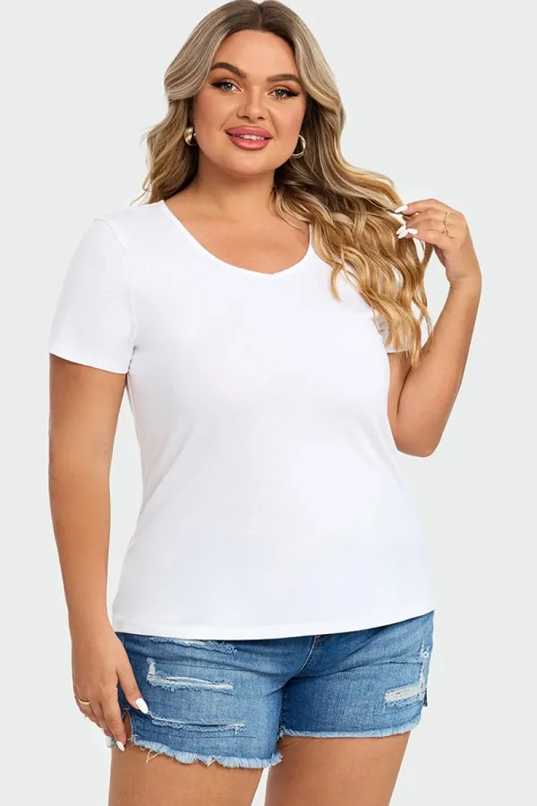 Plus Size White Short Sleeve Basic V-Neck Top