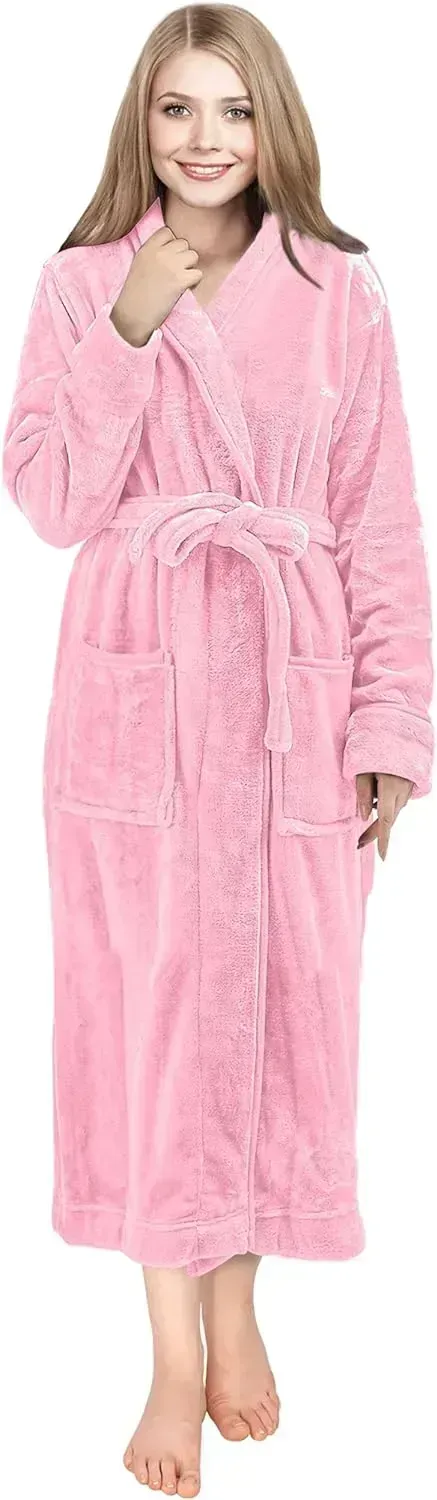 Women Fleece Shawl Collar Bathrobe - Plush Long Robe
