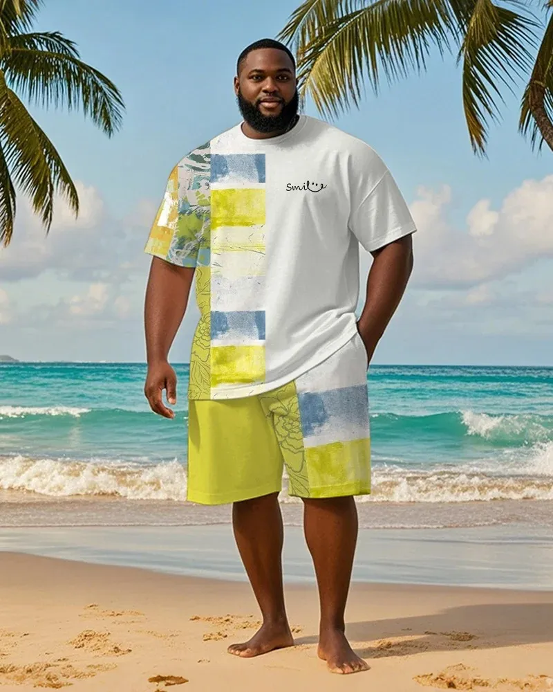 Big & Tall Men's Teal Striped Alphabet Print Round Neck T-Shirt and Shorts Suit