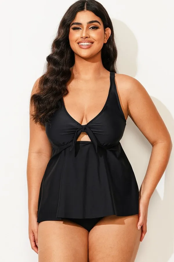 Black Sexy Tie Front Underwire Tankini Top