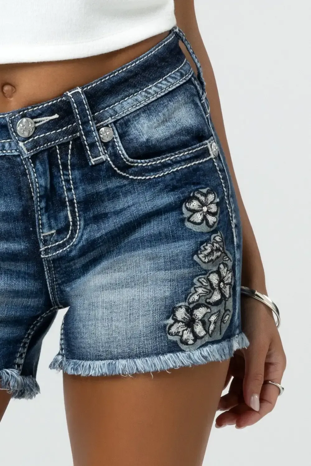 Sequin Floral Distressed Shorts