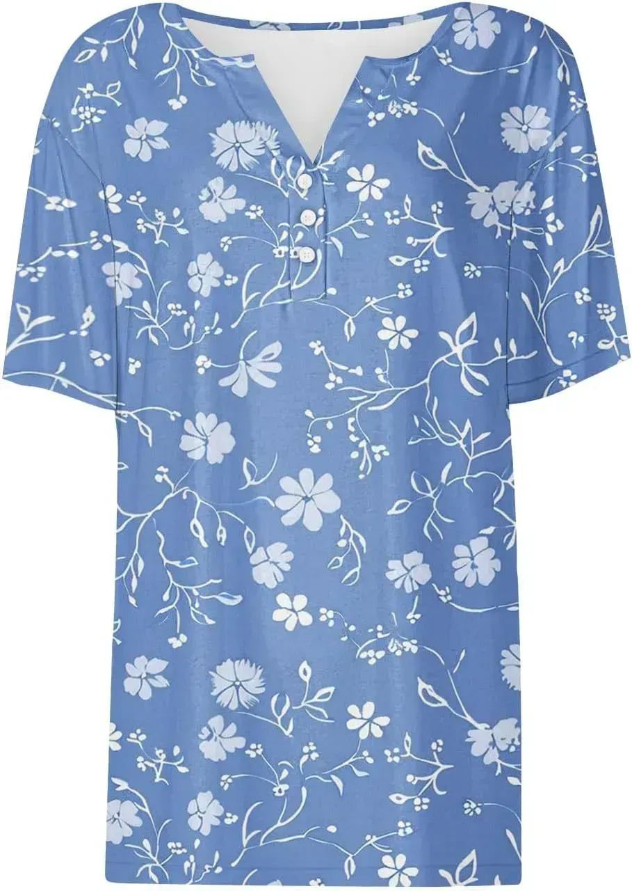 Shirts for Women Casual Printed Summer Tops Short-Sleeved Button V-Neck Tops Blouse Fashion Boho T-Shirts