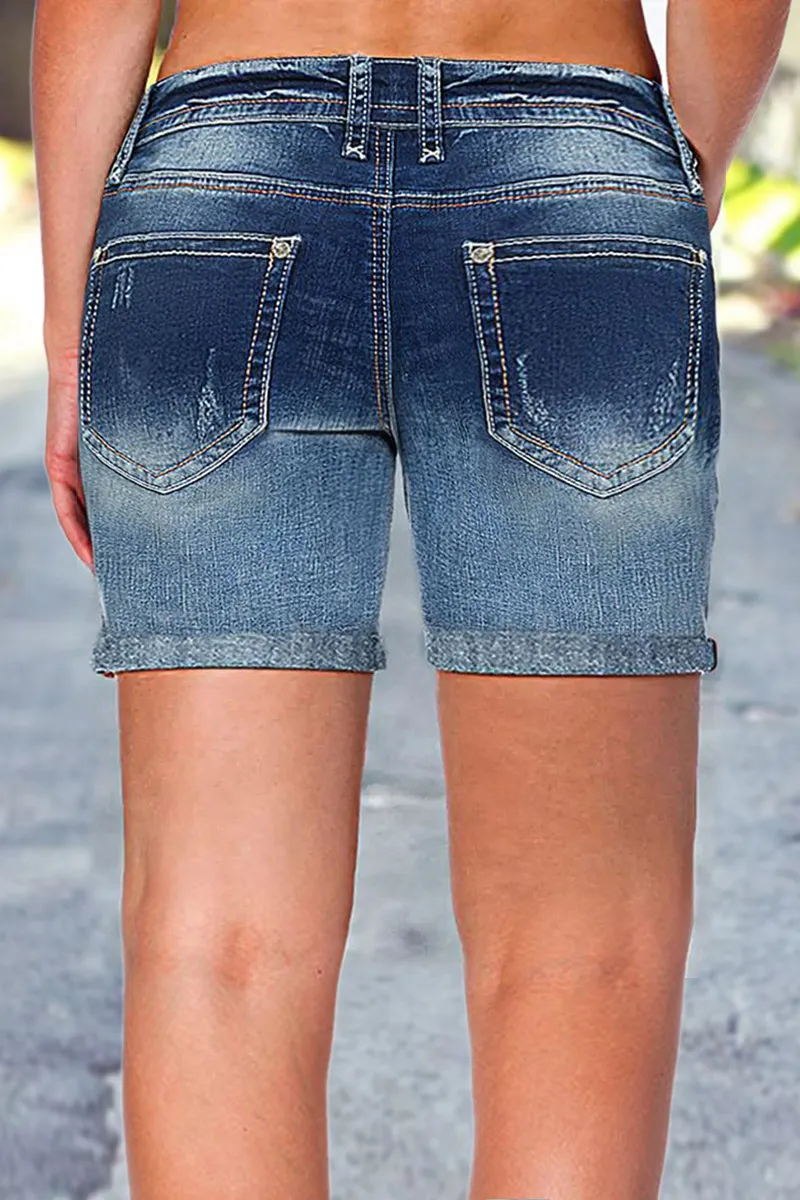 Ripped Roll Hem Low Waist Denim Mid Thigh Shorts