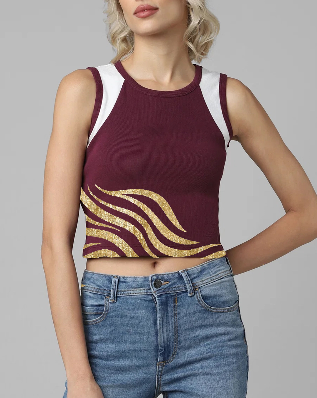 Maroon and White Wave Print Sleeveless Cropped T-shirt
