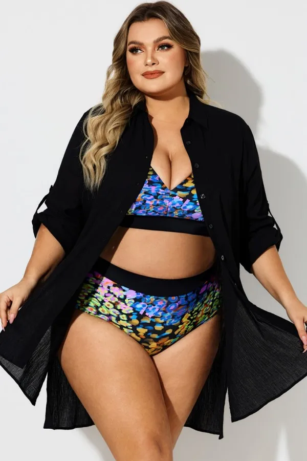 Black Button Front Swim Shirt Cover Up