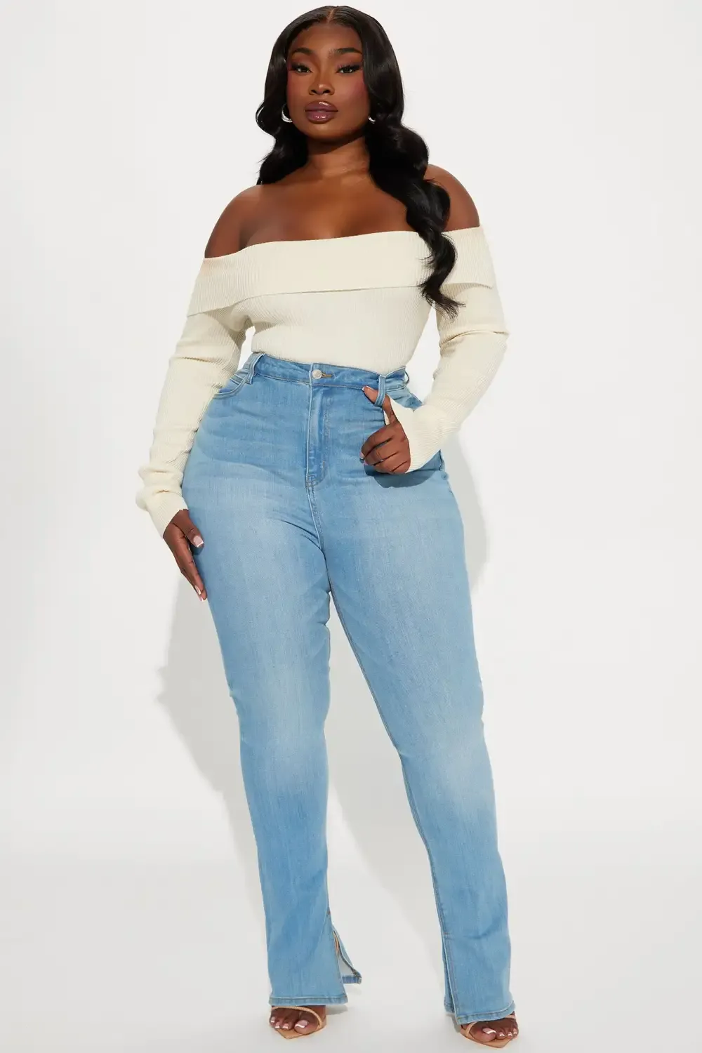 Get My Good Side Slit Premium Stretch Skinny Jeans - Light Blue Wash