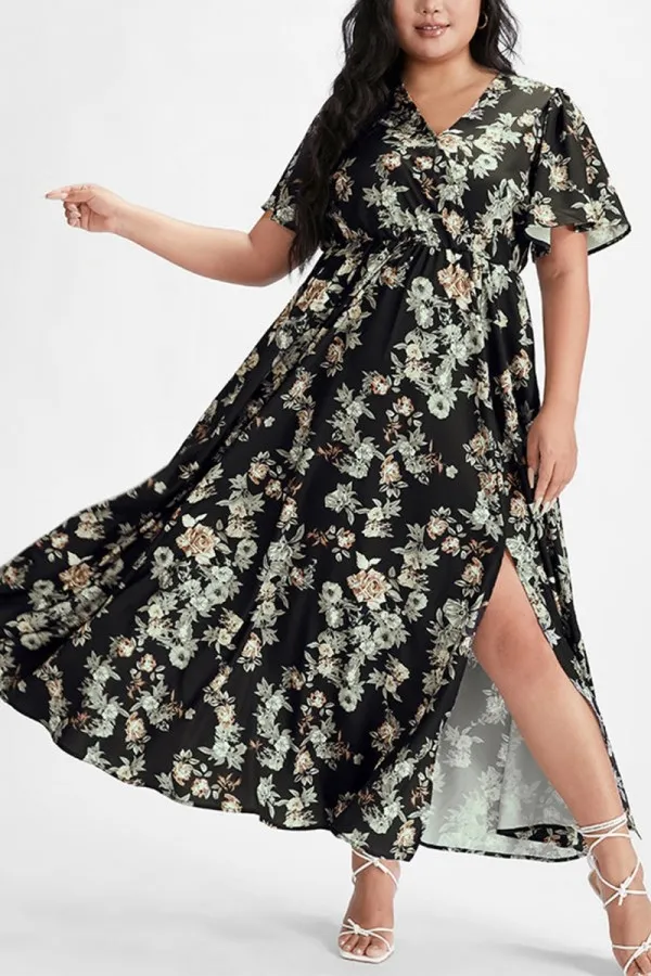 Multicolor Floral Flutter Sleeve Pocket Split Maxi Dress