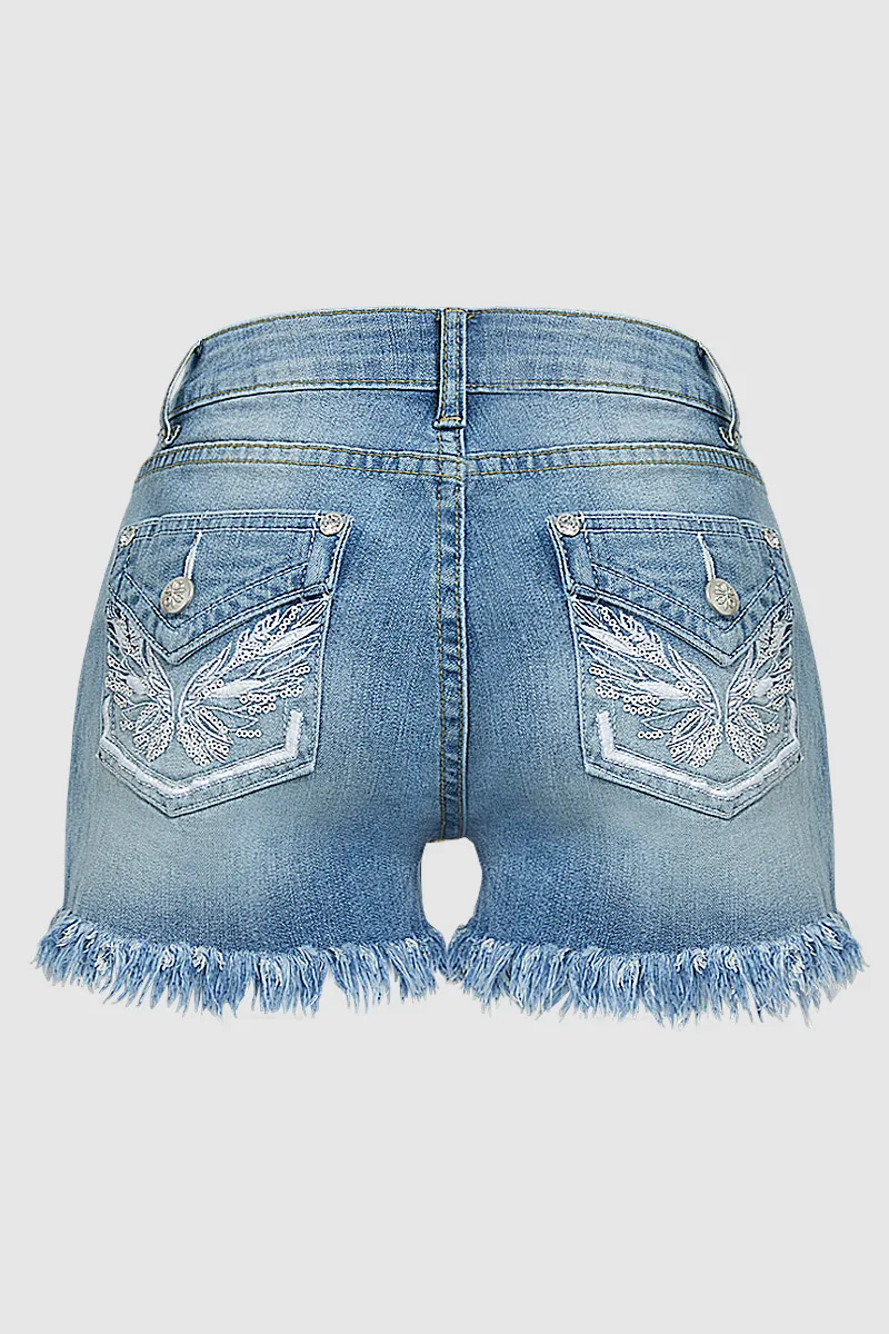 Embroidery Ripped Raw Hem Button Fly Mid Rise Denim Shorts