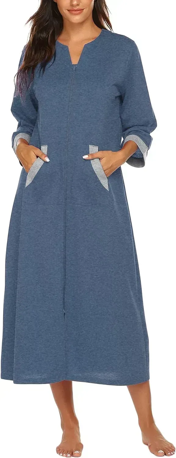 Women Zipper Robe 3/4 Sleeves Loungewear Dress Full Length Sleepwear Pockets Housecoat Nightgown Long Bathrobe