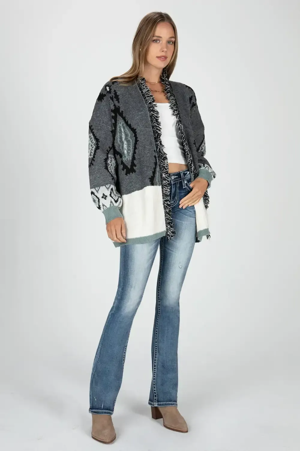 Sweater Block Open Front Aztec Cardigan