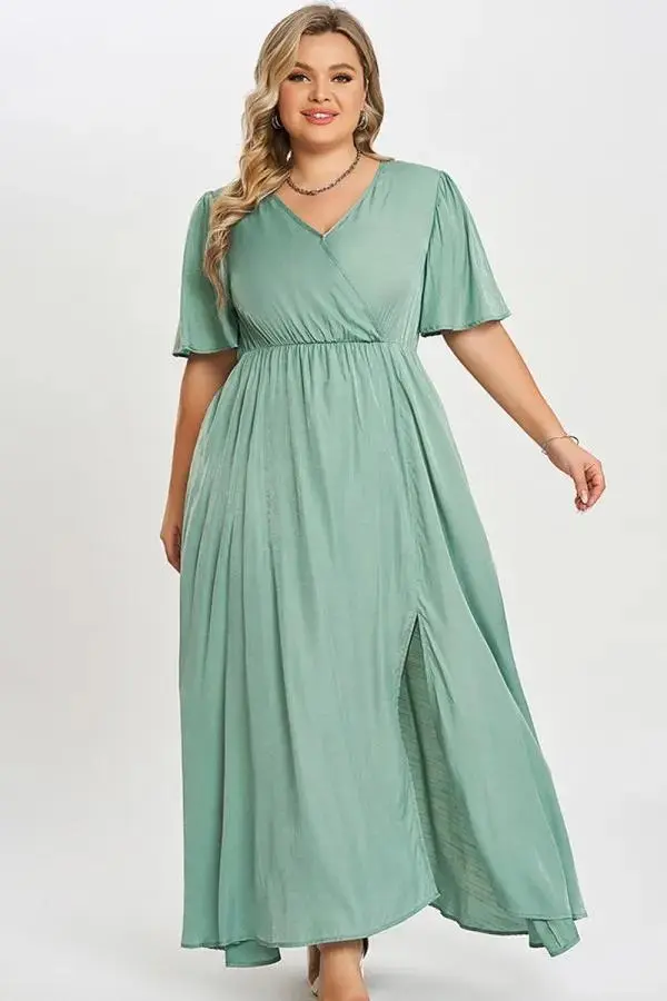Green Flutter Sleeve Pocket Split Women Maxi Dress