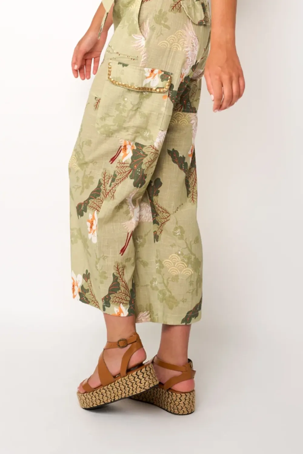 Olive Green Botanical Print Straight Leg Pants