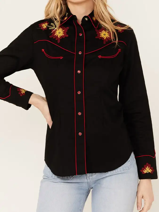 Women's Vintage Western Art Print Casual Linen Shirt