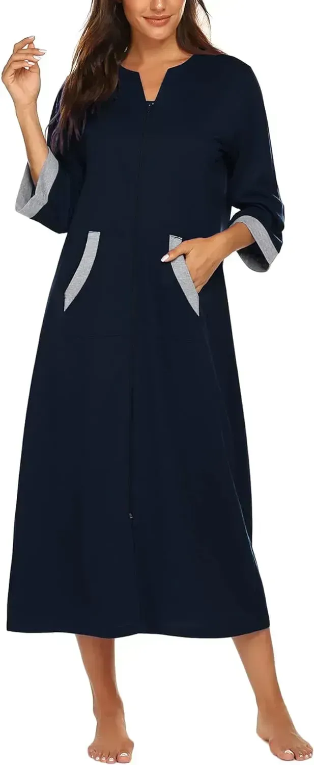 Women Zipper Robe 3/4 Sleeves Loungewear Dress Full Length Sleepwear Pockets Housecoat Nightgown Long Bathrobe