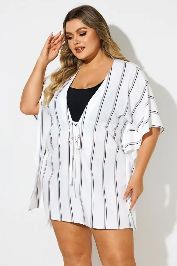 V-Neck Loose Retro Striped Drawstring Cover Up