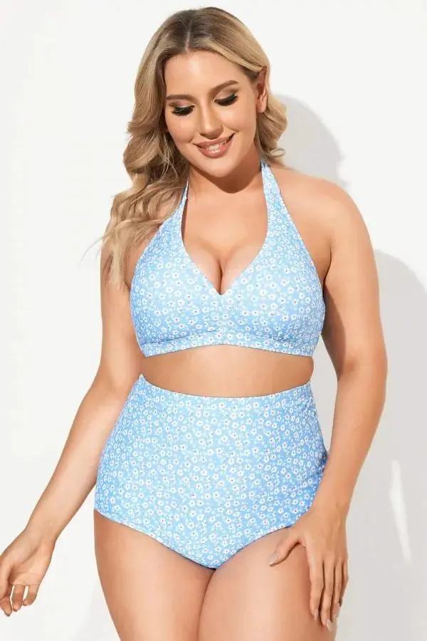 Blue Floral High Waist Bikini Set for Lady