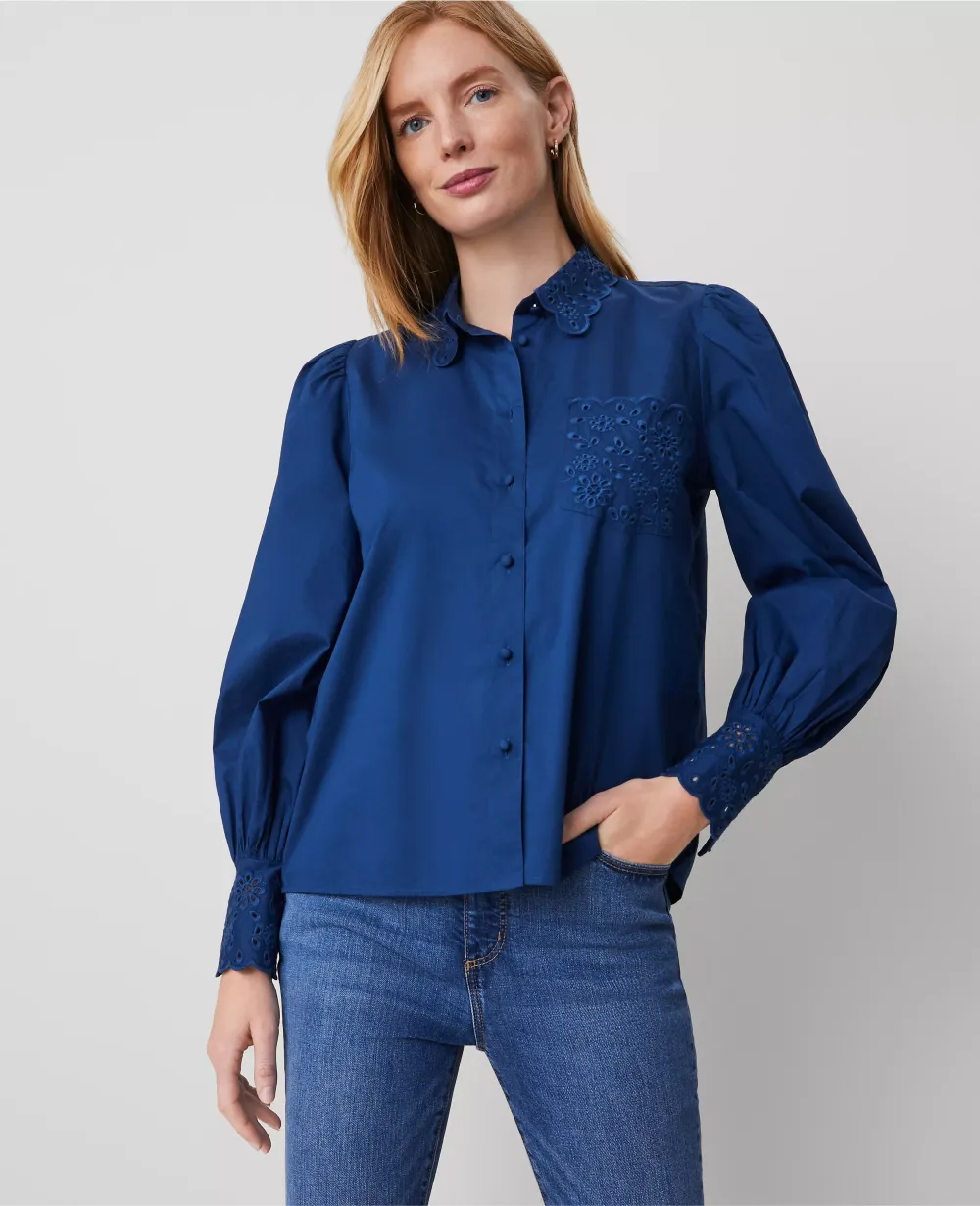 Eyelet Embroidered Pocket Shirt