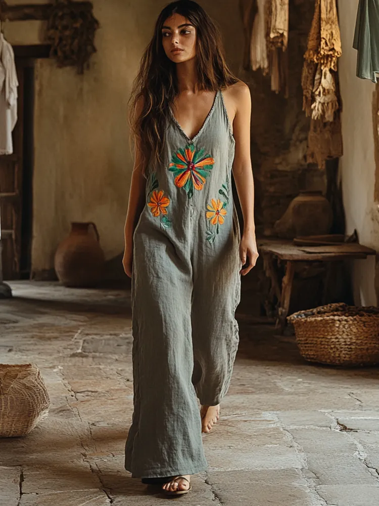 Vintage Floral Embroidered Pattern Art Linen Blend Loose Casual Jumpsuit