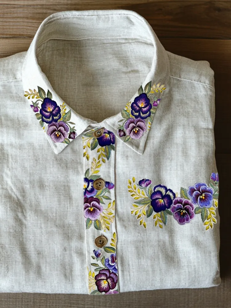 Classy Pansy Floral Embroidered Linen Blend Blouse