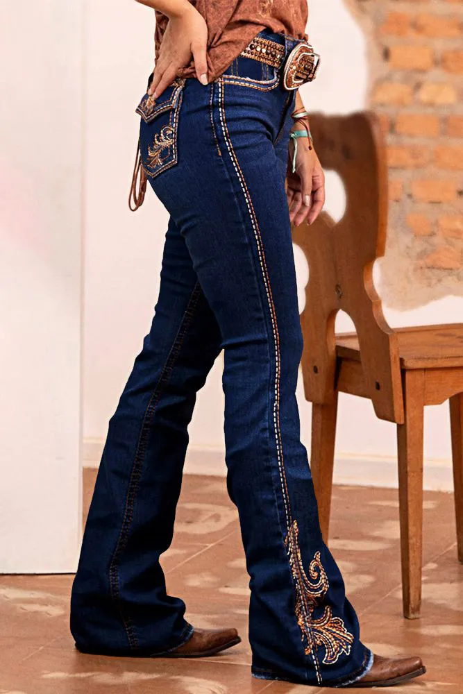 Wash Graphic Embroidery Flap Pocket Mid Rise Bootcut Jeans Without Belt