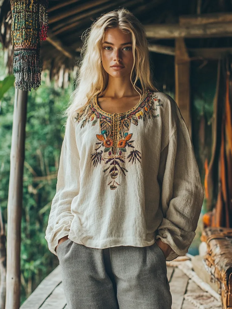Retro Bohemian Floral Art Embroidery Print Cotton And Linen Blend Loose Blouse