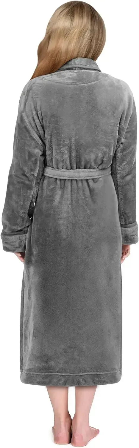 Women Fleece Shawl Collar Bathrobe - Plush Long Robe