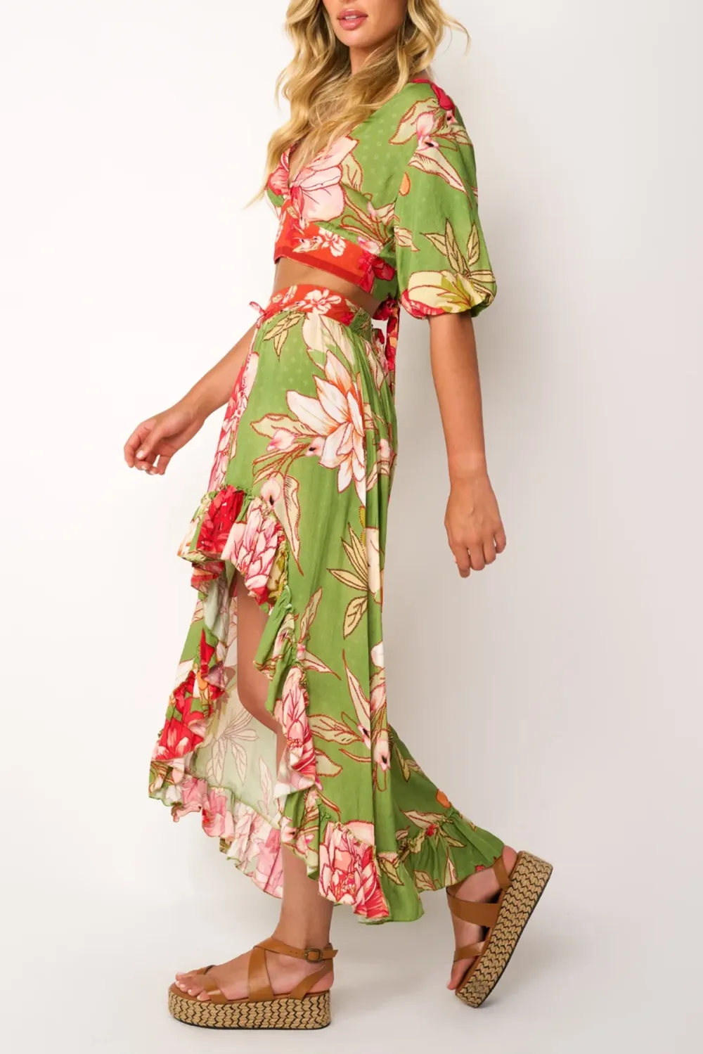 Green And Red Floral Print Asymmetrical Maxi Skirt
