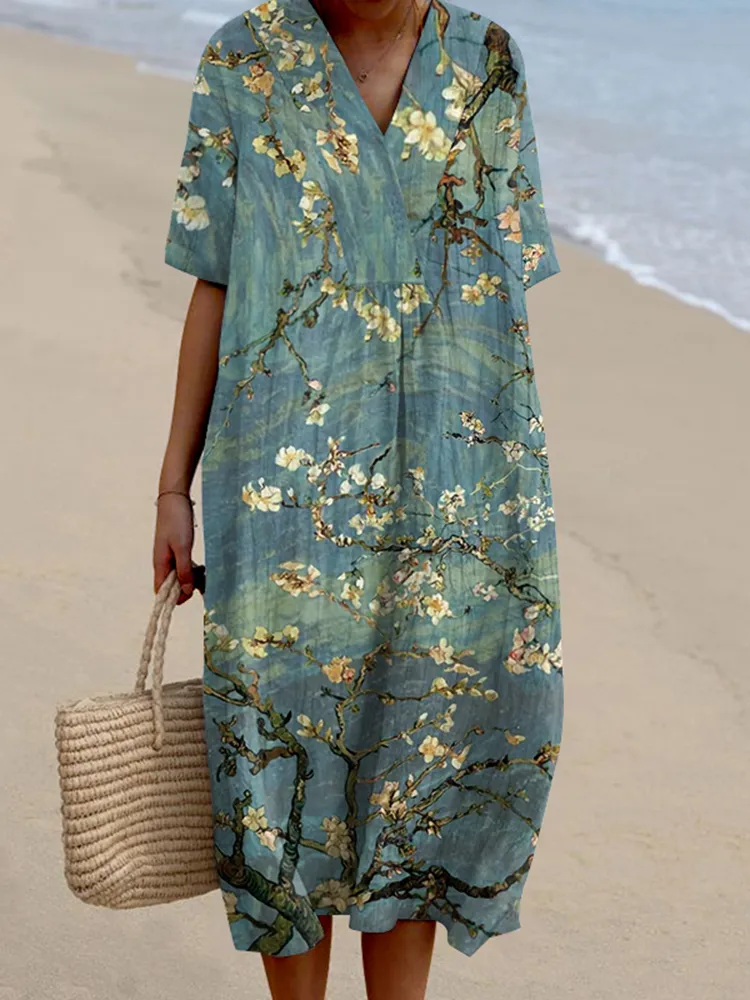Vintage Floral Art Print Linen Blend Maxi Dress