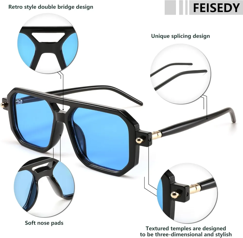 FEISEDY Vintage Square 70s Flat Aviator Sunglasses Women Men Classic Retro Stylish Frame UV400 Sunglasses B2622