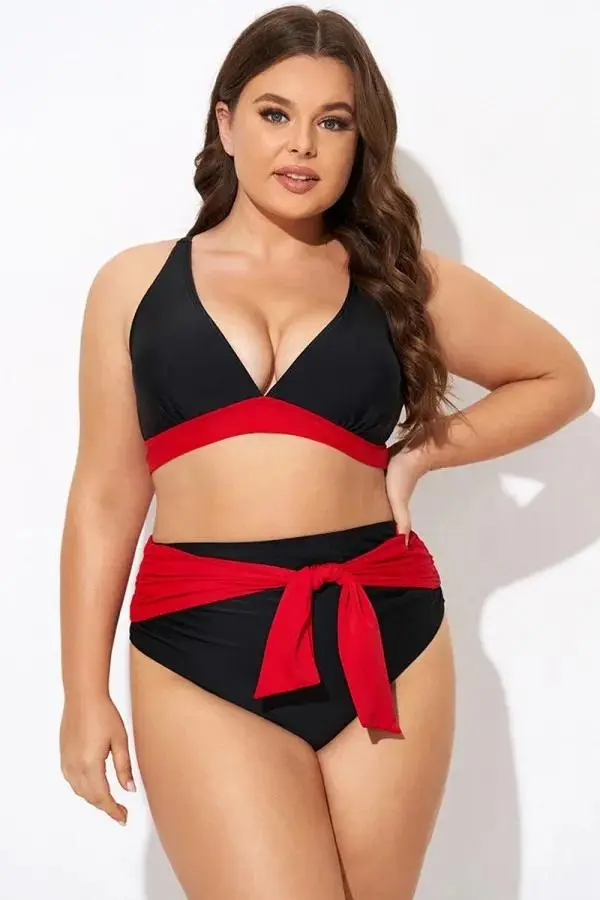 Black and Red V neck Bikini Top