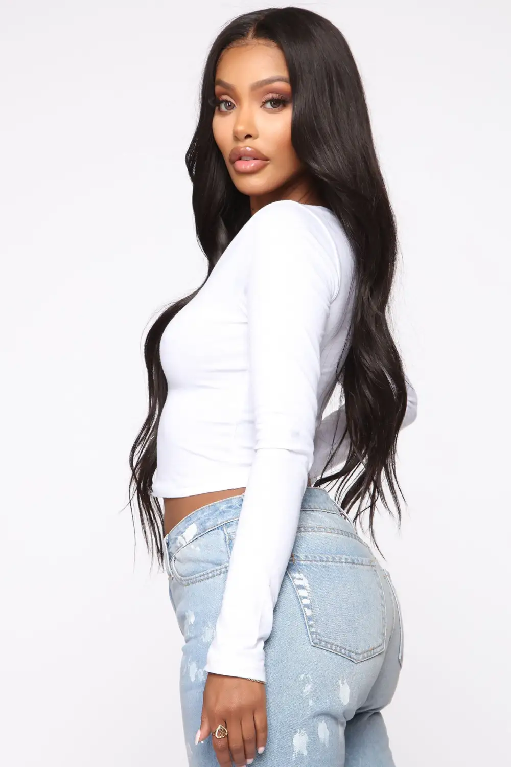 No Brainer Long Sleeve V Neck Tee - White