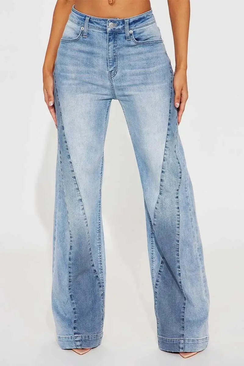 Wash Colorblock Seam Detail Mid Rise Wide Leg Jeans