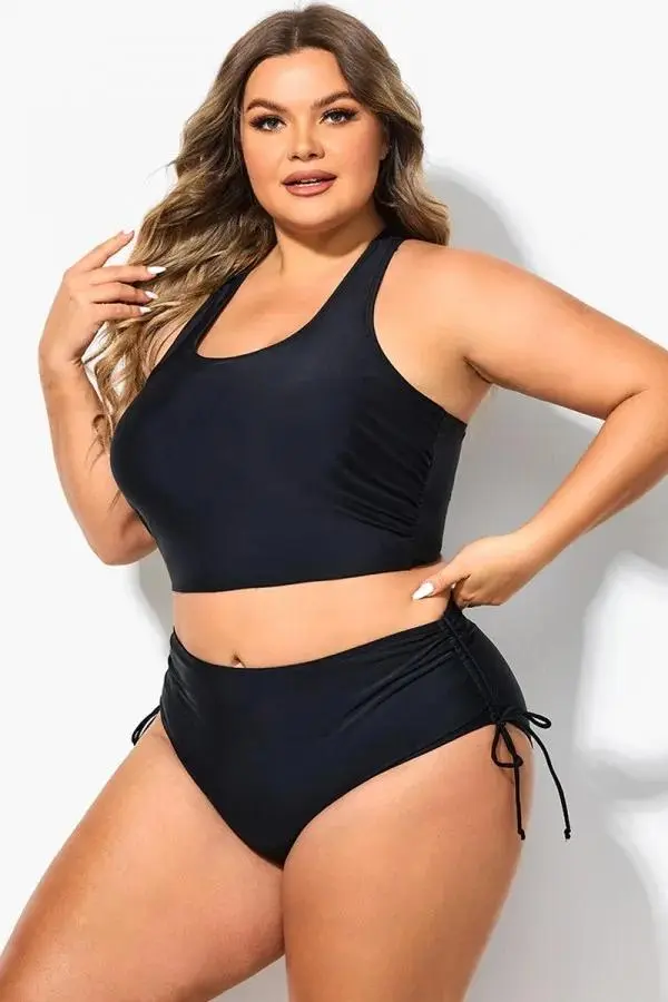 Black Scoop Neck Racerback Shirred Bikini Top