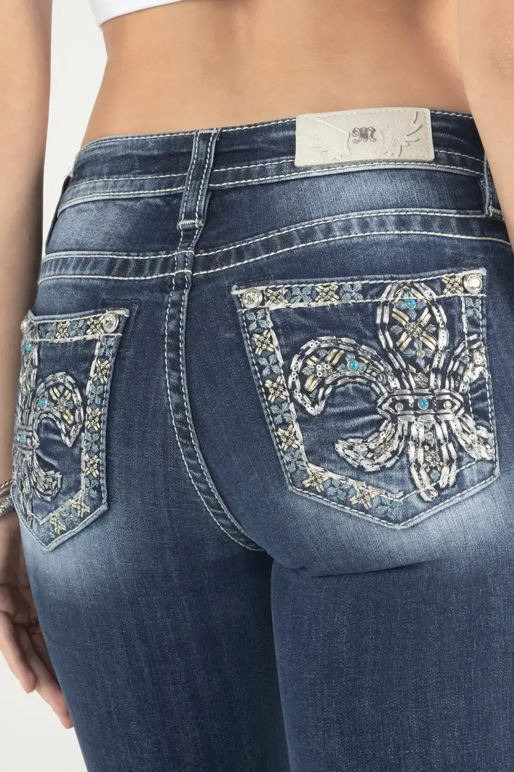 Metallic Turquoise Fleur De Lis Bootcut Jeans
