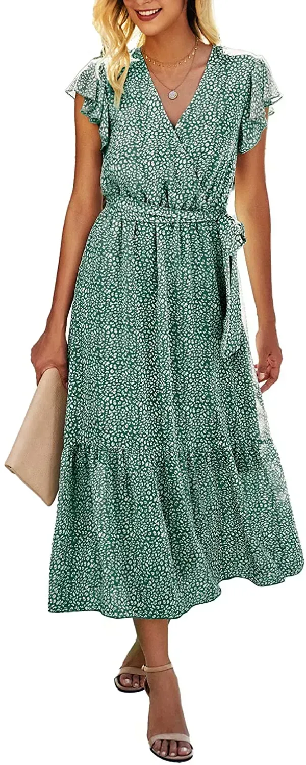 Women Summer Bohemian Floral Casual Wrap V Neck Ruffle Cap Sleeveless Belt A-Line Pleated Hem Swing Midi Sun Dress