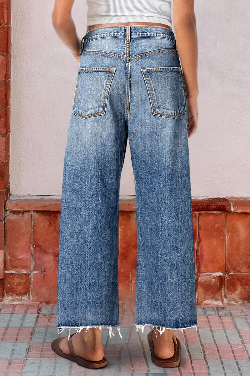 Wash Ripped Raw Hem Mid Rise Crop Jeans