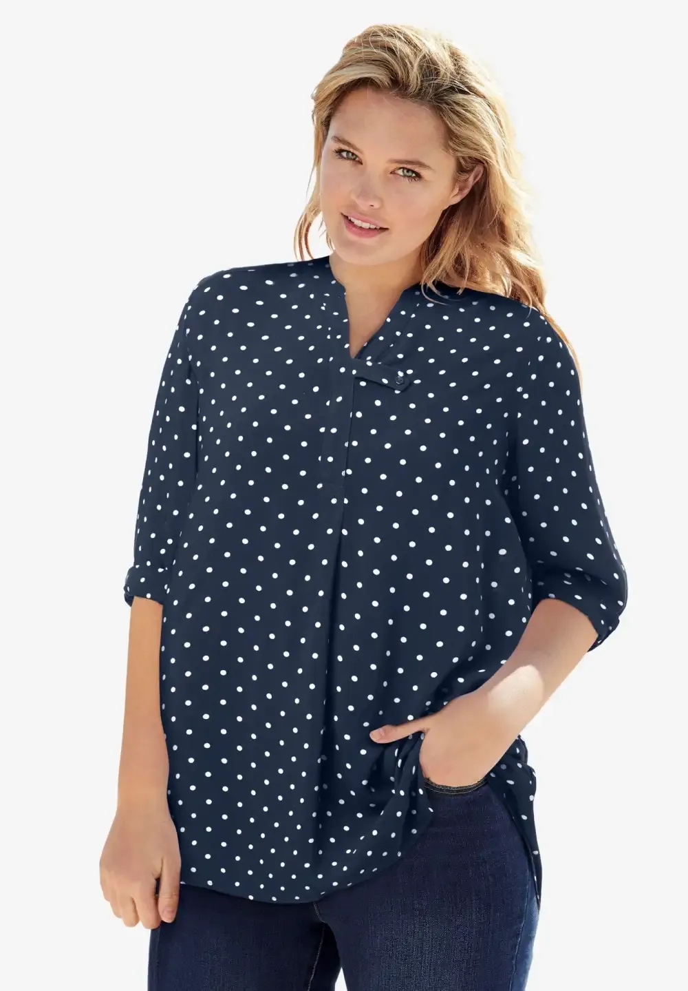 Rayon 7-Day Three-Quarter Sleeve Tab-Front Tunic