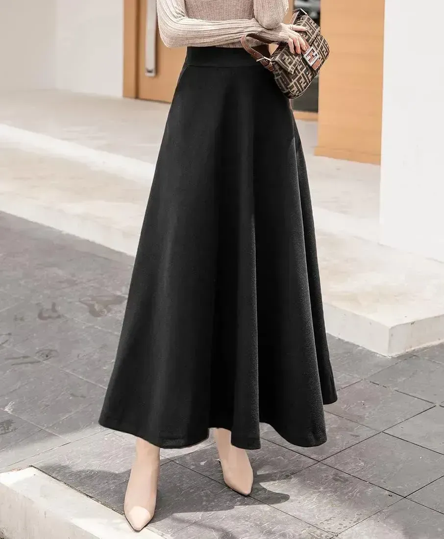 Women's Winter Elegant Warm Long Skirt Wool Maxi Skirts Elastic Waist A-Line High Waist Plaid Pleated Skirt S-3XL