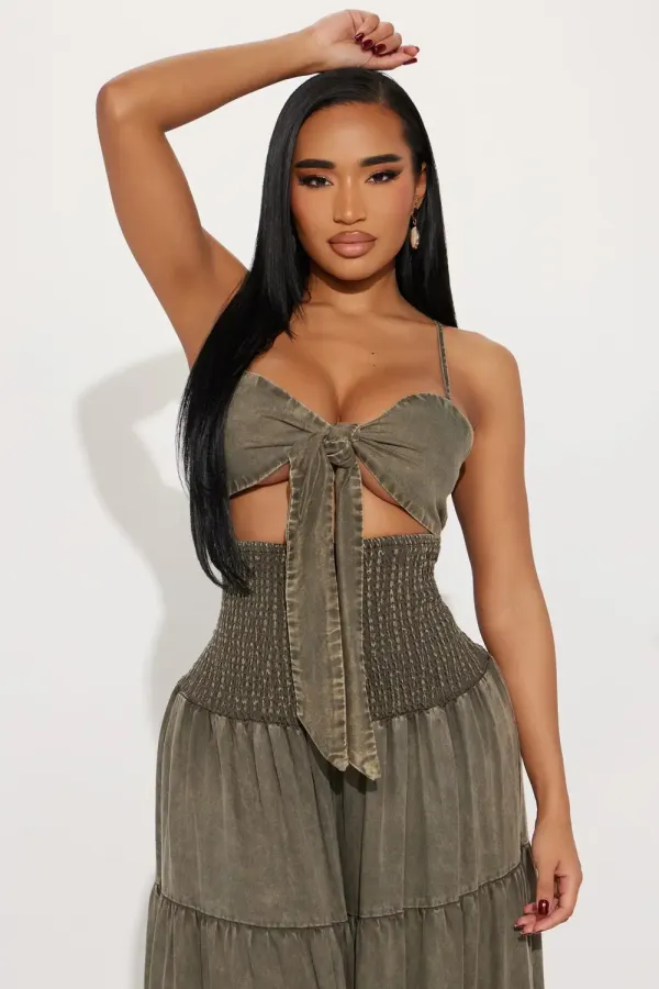 Free Spirit Washed Chambray Jumpsuit - Olive
