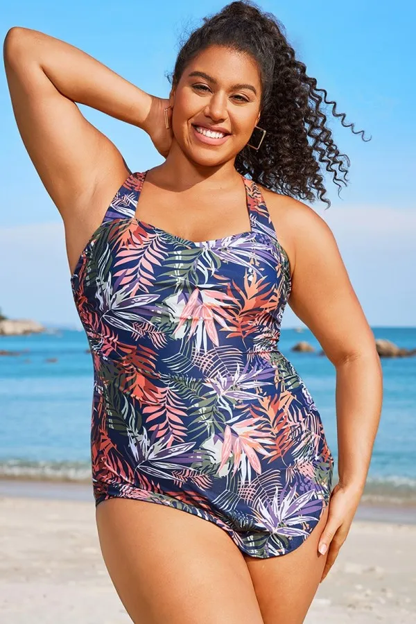 Tropical Print Sarong Front One Piece Swimsuit