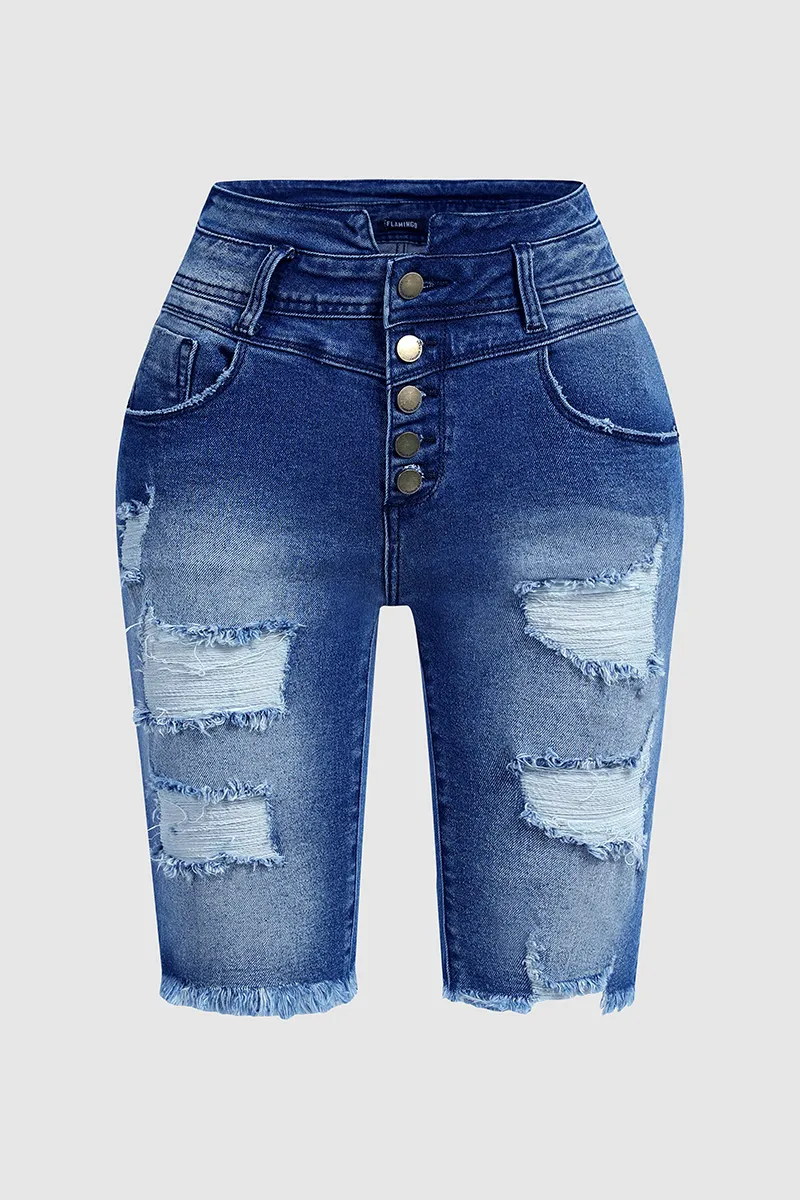 Ripped Button Fly Notched Waist Raw Hem Denim Bermuda Shorts