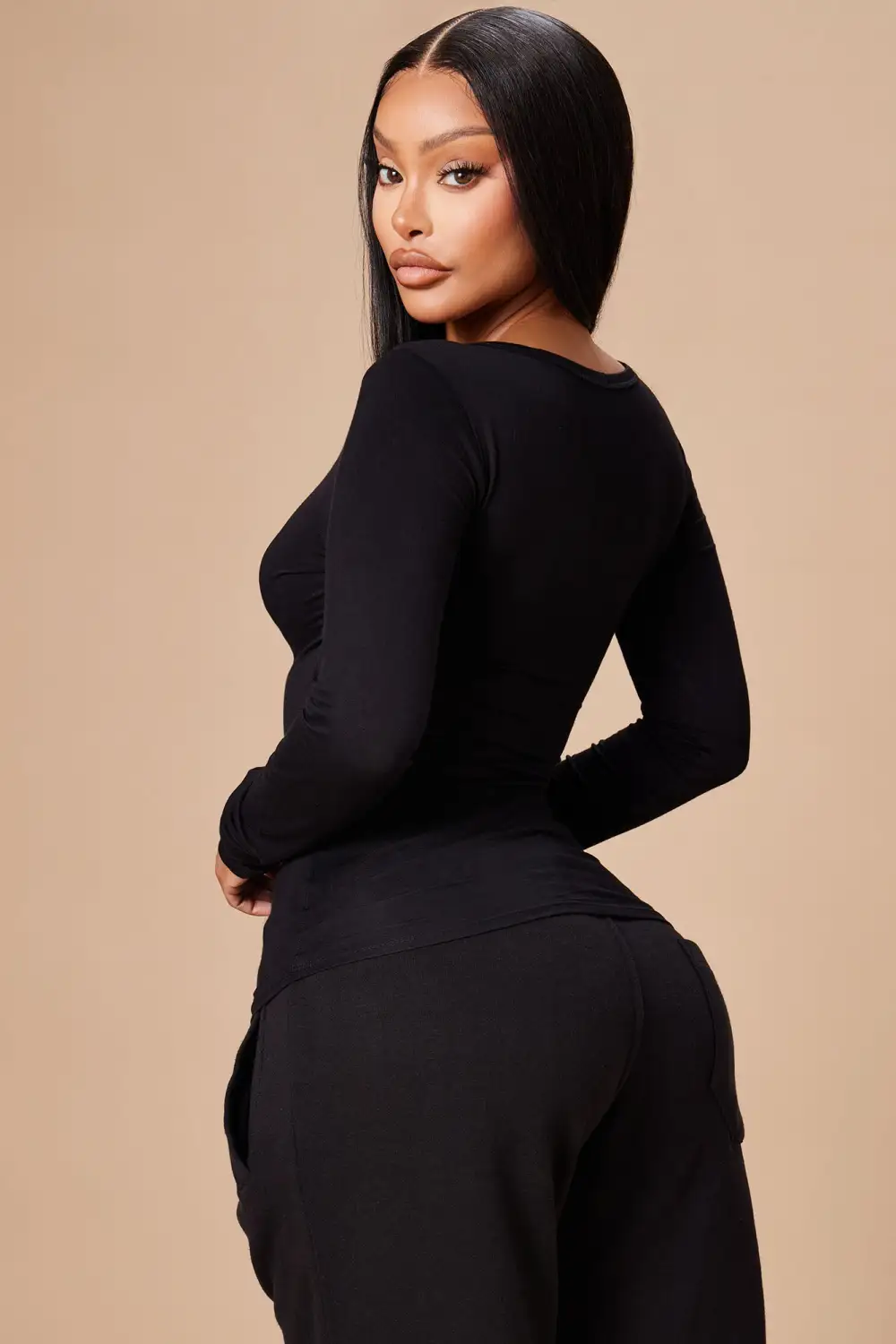 Nelida Long Sleeve Henley Tee - Black