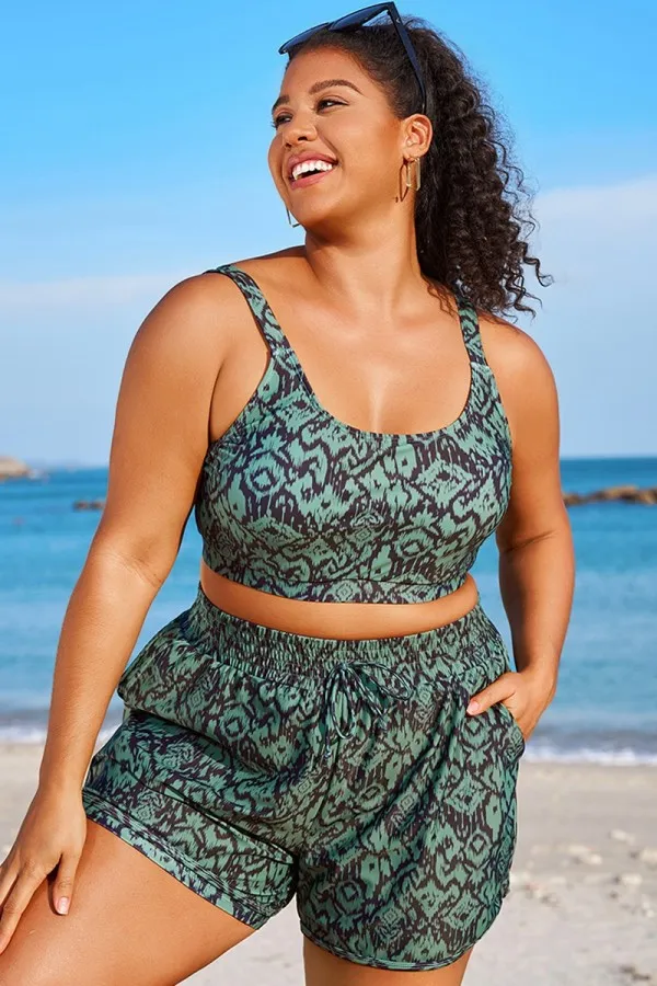 Green Ikat Print Wide Strap Women Bikini Top