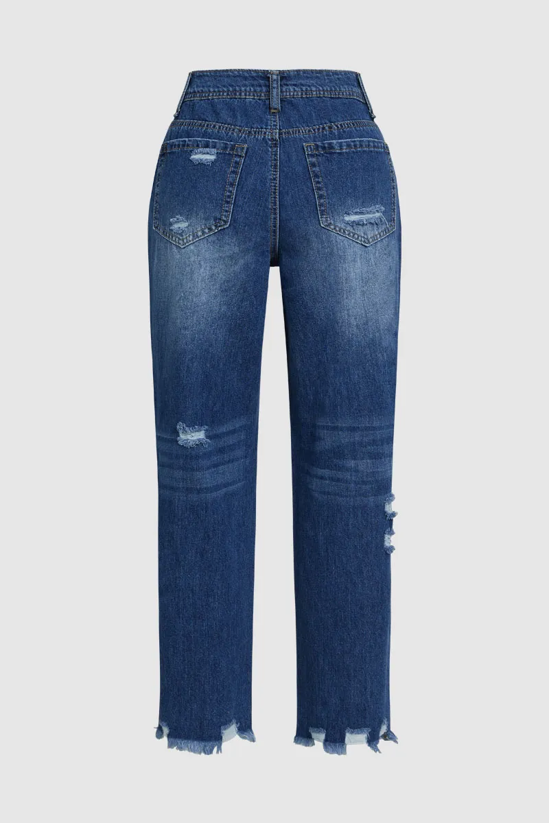 Ripped Raw Hem Mid Rise Straight Leg Cropped Jeans