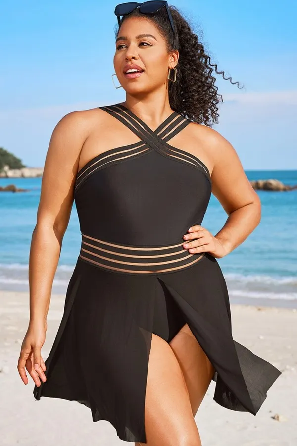 Black Crossover Mesh Vintage One Piece Swimsuit