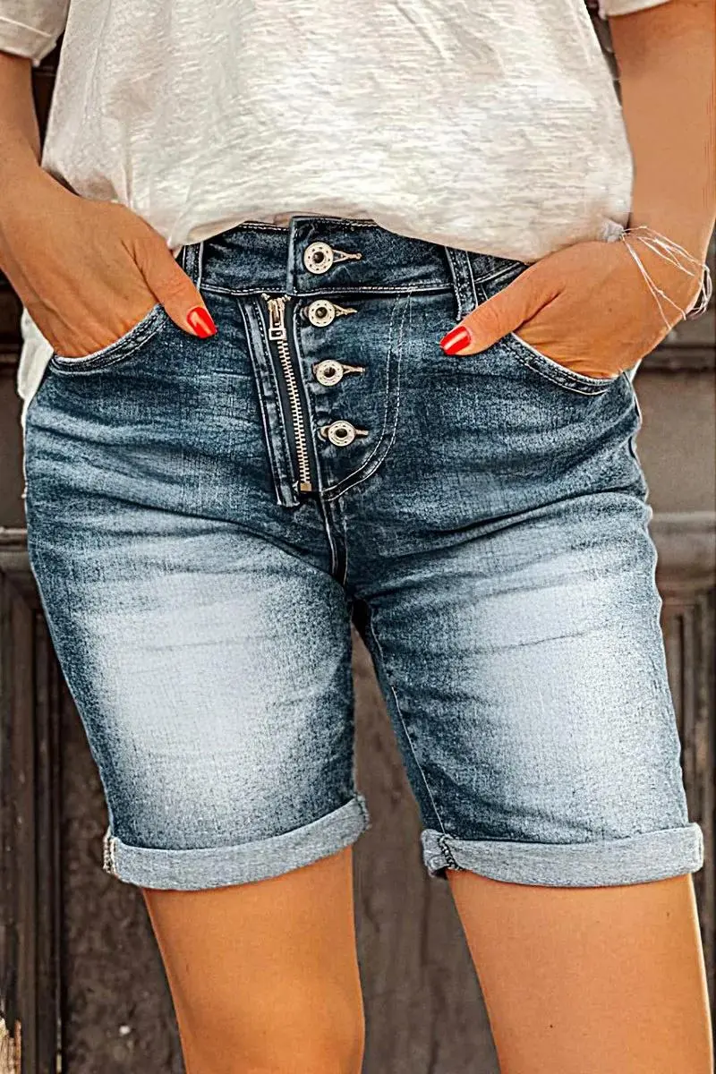 Roll Hem Button Up Mid Rise Denim Mid Thigh Shorts