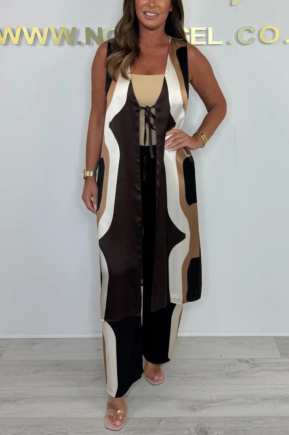 Women'S Satin Contrasting Color Casual Long Top And Pants Two-Piece Set