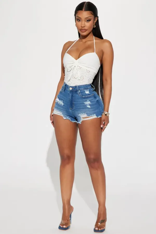 Just My Type Ripped Stretch Denim Shorts - Medium Wash